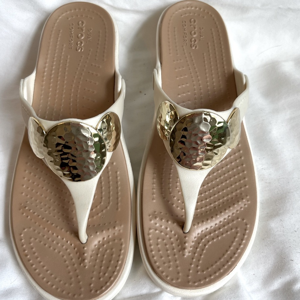 Croc white sandals with gold embellishments size 9